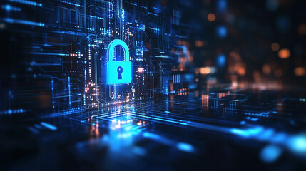 Poster - Cybersecurity digital data protection concept. Digital data security padlock on futuristic circuit board. Digital security system. Abstract futuristic cybersecurity. High technology. Copy space area