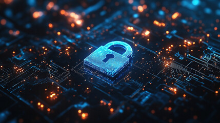Poster - Cybersecurity digital data protection concept. Digital data security padlock on futuristic circuit board. Digital security system. Abstract futuristic cybersecurity. High technology. Copy space area