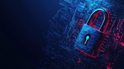 Poster - Cybersecurity digital data protection concept. Digital data security padlock on futuristic circuit board. Digital security system. Abstract futuristic cybersecurity. High technology. Copy space area