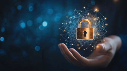 Poster - Cybersecurity digital data protection concept. Digital data security padlock. Digital security system. Abstract futuristic cybersecurity. High technology. Online safety technology. Copy space area