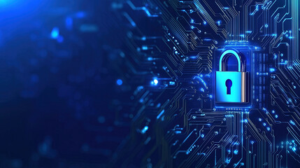 Poster - Cybersecurity digital data protection concept. Digital data security padlock on futuristic circuit board. Digital security system. Abstract futuristic cybersecurity. High technology. Copy space area