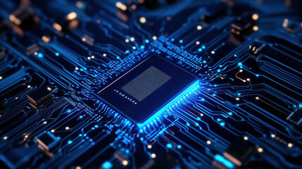 Poster - Computer motherboards and circuit boards. Abstract circuit board with a lot of micro chips. Main microchip on the motherboard. Tech science background. Semiconductor and circuit board. Circuit board