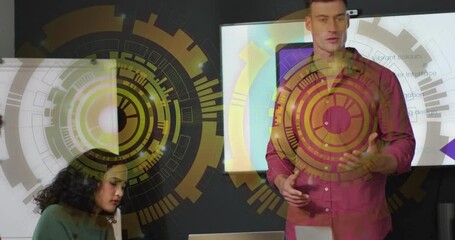 Poster - Presenting in meeting room, man with digital interface animation over screen and colleague
