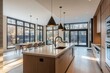 © Boinah - Modern kitchen with large windows and dining area, featuring sleek design and natural light.