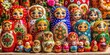 © Sandra - Vibrant, intricately painted wooden matryoshka dolls in various sizes, stacked and arranged in a decorative pyramid, surrounded by traditional folk patterned fabric and lace.
