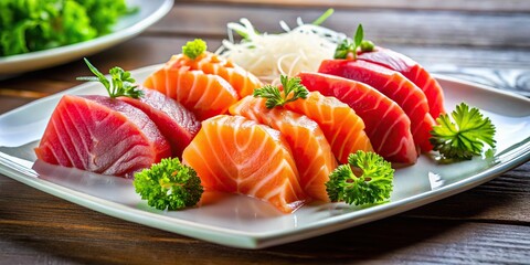 Vibrant, juicy red tuna and salmon sashimi pieces arranged artfully on a white plate, lit from above with soft, warm light, casting gentle shadows.