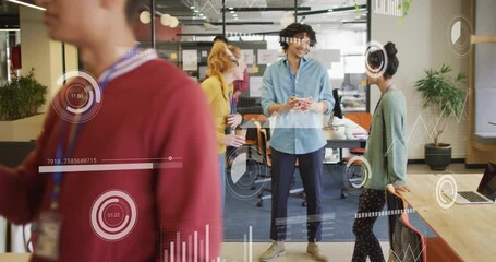 Poster - Business data processing animation over diverse colleagues interacting in modern office