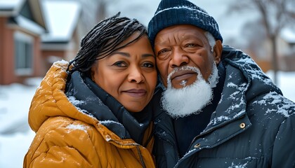 Intergenerational Connection: An African American Woman and Elderly Man Embracing Winter in a Snowy Suburban Neighborhood