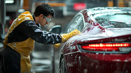 A person washing a red car in a service environment.