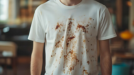 A person wearing a white shirt with brown stains on it.