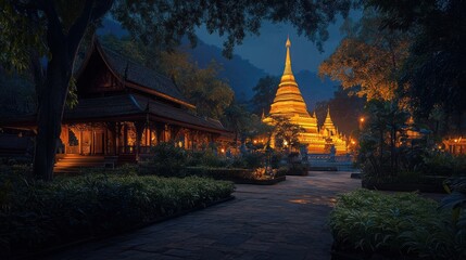 Wall Mural - A large golden building with a tall tower and a large fountain in front of it