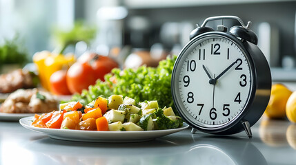 A plate of fresh vegetables beside a clock in a kitchen setting.