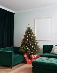 Wall Mural - mock up blank white frame, Christmas in living room, green sofa, christmas tree, wooden floor, wall white, wooden table