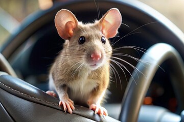 Curious brown mouse sitting on car steering wheel with focused expression