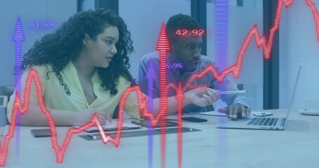 Poster - Analyzing financial data, business colleagues with stock market graph animation over them