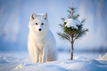 arctic fox in winter coat with tree