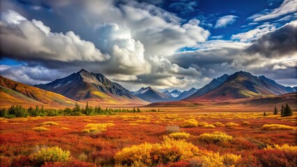 Wall Mural - arctic tundra landscape in autumn with mountains and clouds in yukon