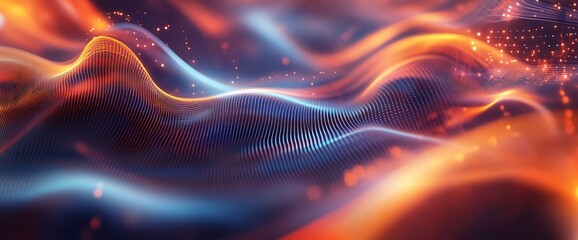 Abstract background with colorful flowing lines and particles.