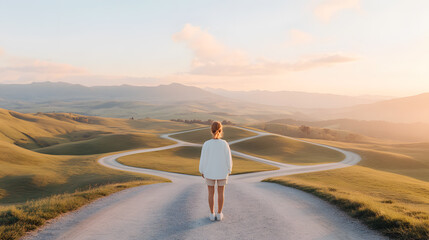 The crossroads of an open landscape, a figure the path ahead, surrounded by multiple roads leading into the distance. Conveys choices, fresh starts, and the anticipation of new opportunities.