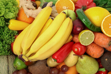 Wall Mural - Many different fruits and vegetables as background, top view