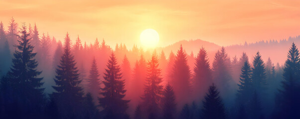 Canvas Print - Golden Hour Illustration - Enchanting Sunset in a Misty Forest