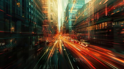 A fast-paced, blurred view of a city street at sunset. The street is lined with tall buildings, and the lights of the cars create streaks of light.