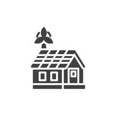 Wall Mural - House with solar panels on the roof and a wind turbine vector icon