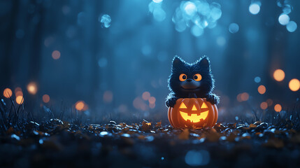 A cute black cat peaking from a glowing pumpkin in a mystical forest, perfect for Halloween-themed designs.