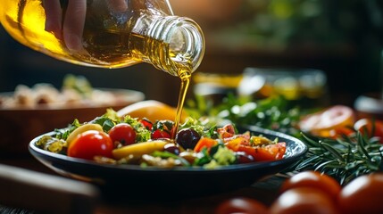 A vibrant salad with fresh vegetables drizzled with olive oil, showcasing healthy eating and culinary delight in a warm setting.