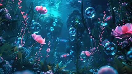 Wall Mural - Surrealist underwater dreamscape with glowing plants and abstract coral in background