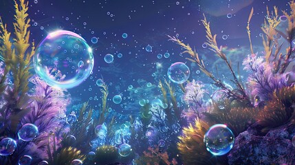 Wall Mural - Surreal underwater dreamscape with glowing plants and distorted reflections backdrop