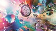 © javier - Floating clocks and reflective surfaces in shifting gradients as surreal wallpaper