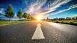 © methinee - Asphalt road stretching into the distance with forward arrow symbol, fisheye effect