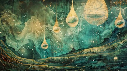 Background of floating teardrops over green and gold landscape with luminous accents