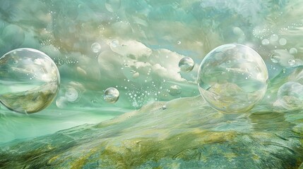 Wall Mural - Floating iridescent bubbles reflecting surreal landscapes over soft green textures