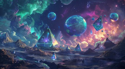 Wall Mural - surreal landscape with floating orbs and pyramids under starry skies with auroras