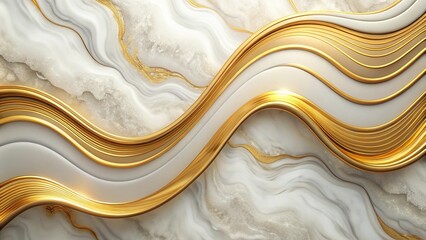 Wall Mural - Asymmetrical abstract background with golden waves on marble