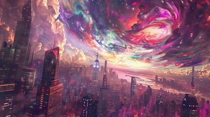 Wall Mural - Floating skyscrapers and liquid light rivers under swirling iridescent patterns