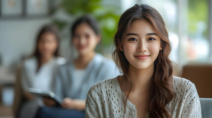 A smiling woman in focus with two others blurred in the background.