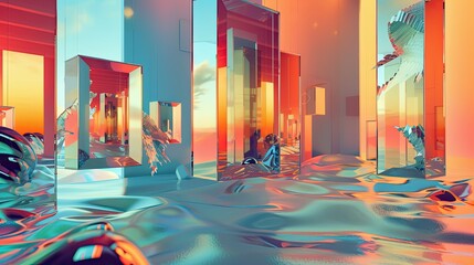 Canvas Print - Wallpaper with floating fragmented mirrors reflecting surreal landscapes in gradients