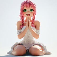 A cute anime girl with pink hair and green eyes is kneeling with her hands clasped together in a prayer pose. She is wearing a white dress and has a surprised expression on her face.