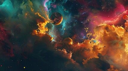 Sticker - Floating stars and planets in surreal cosmic backdrop with swirling nebulas