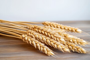 A bundle of dried wheat stalks arranged on a wooden surface.