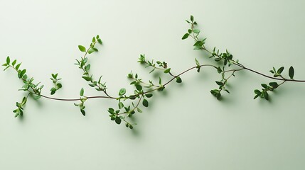 Generative AI Image of Fresh Harvested Green Thyme Leaf Sprig on Tea Pastel Shadow Light Background