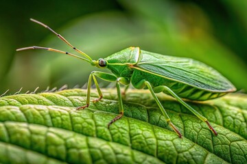 Asymmetrical green diamondback moth crawling on blurred leaf background