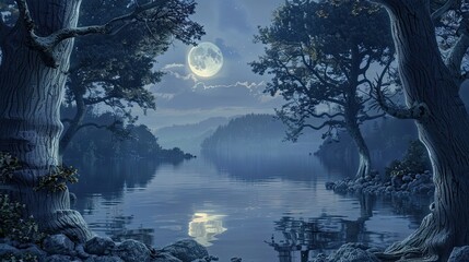 Canvas Print - Wallpaper of a moonlit lake with soft water reflections glowing tree edges and a mystical ambiance