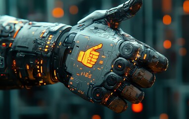 Poster - Closeup of a robotic hand giving a thumbs down, intricate mechanical details and glowing circuits, set against a hightech futuristic backdrop