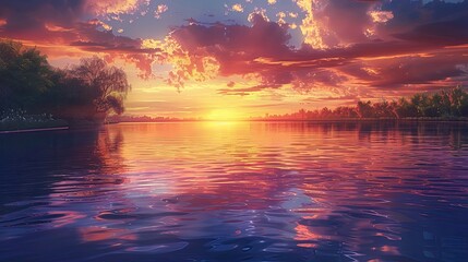 Canvas Print - Wallpaper featuring a vibrant sunset over a river with warm evening tones blending into soft reflections