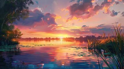 Wall Mural - Backdrop with a calm river at sunset rich warm hues blending into evening tones and subtle reflections