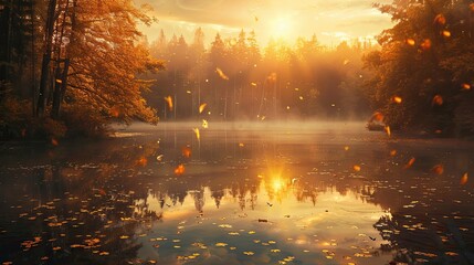 Backdrop of a tranquil lake surrounded by autumn forests rich golden leaves and a glowing sunset